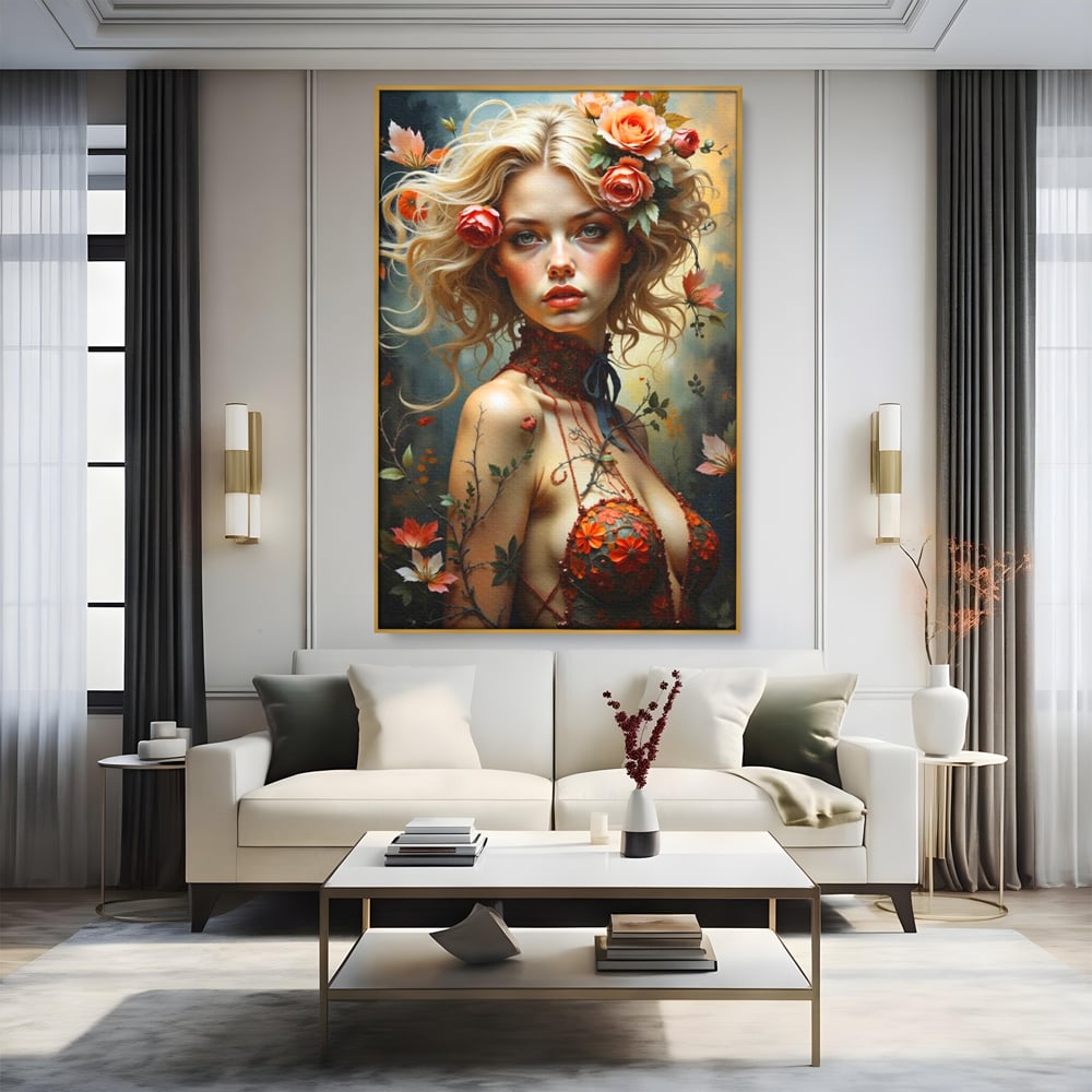 Tablou canvas cu tablou canvas cu portret de femeie blonda si flori, in rama de aluminiu auriu, pe perete intr-un living